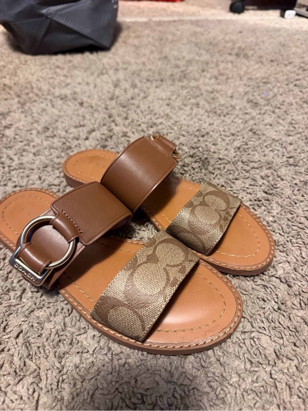 Coach Tan/Brown Leather & Signature Canvas Slide Sandals